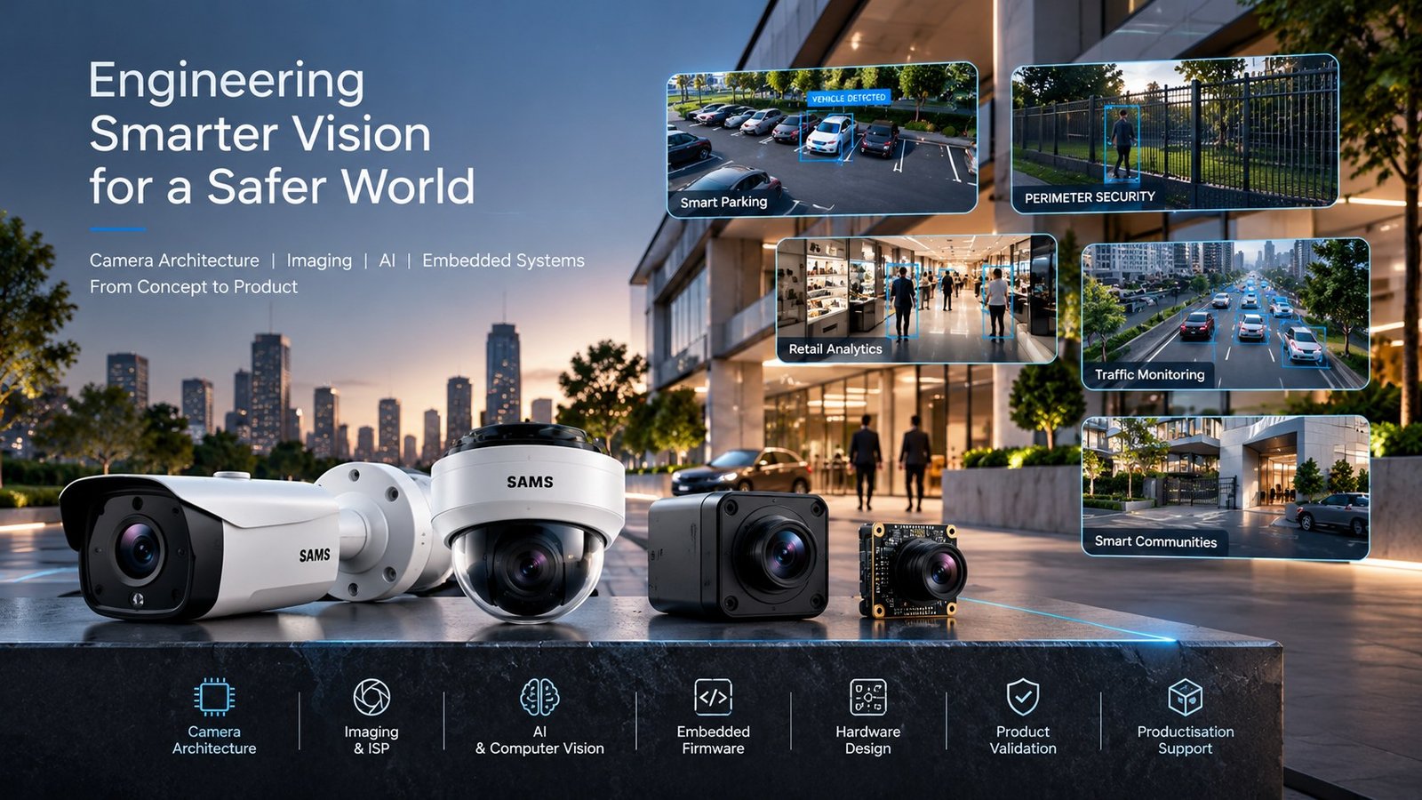 SAMS camera product lineup with AI-powered use cases shown on-screen: smart parking, perimeter security, retail analytics, traffic monitoring and smart communities