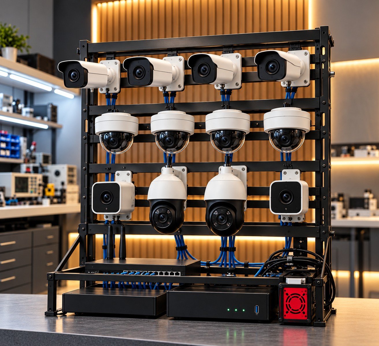 Rack of SAMS bullet, dome and doorbell cameras wired for a multi-device test rig