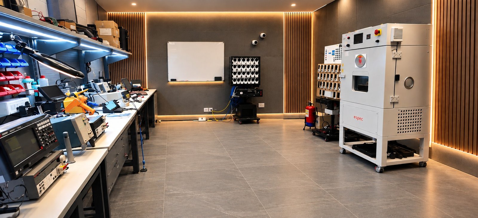 SAMS hardware and validation lab in India, with test benches, a multi-device rack and a climate chamber