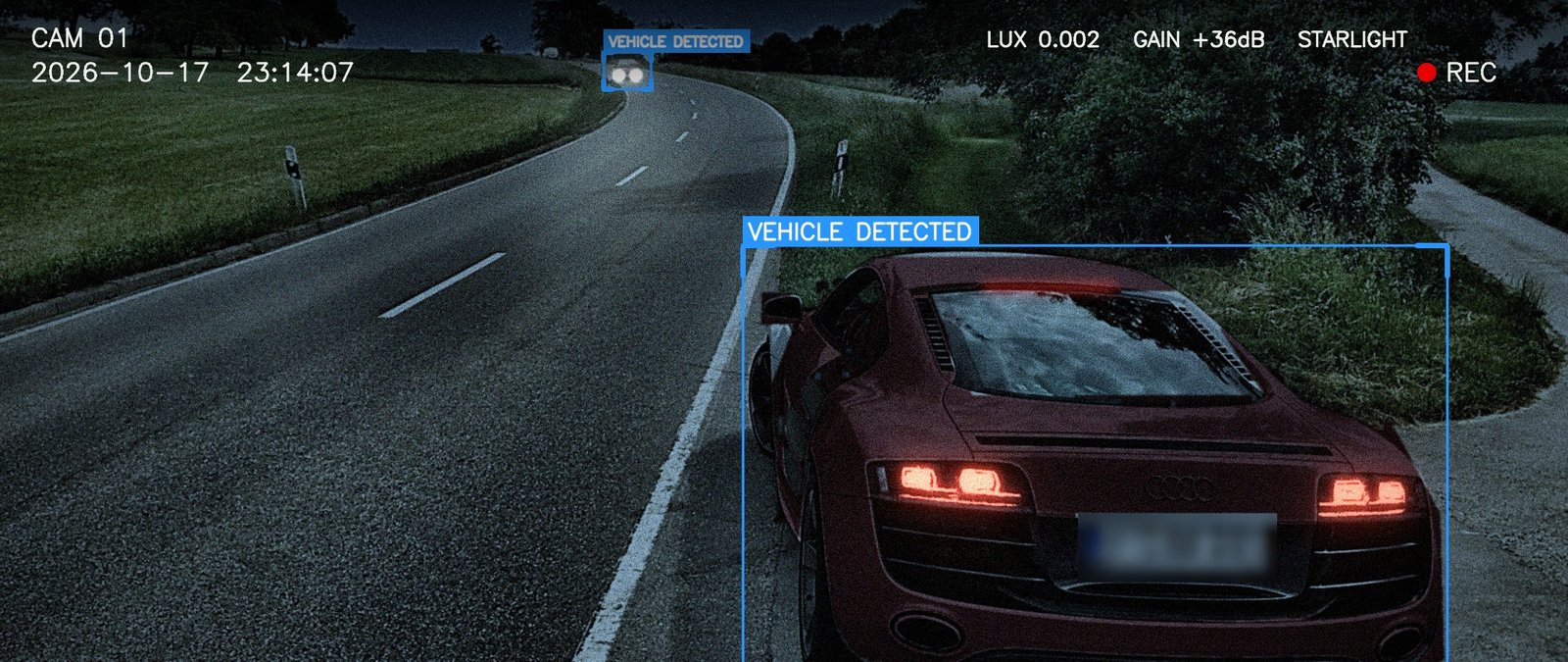 SAMS colour night vision — a camera view of a car on a rural night road, with an AI vehicle-detected overlay, shown in full colour