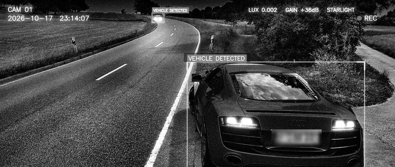 Standard infrared night vision — the same rural road scene and AI vehicle-detected overlay, in black and white